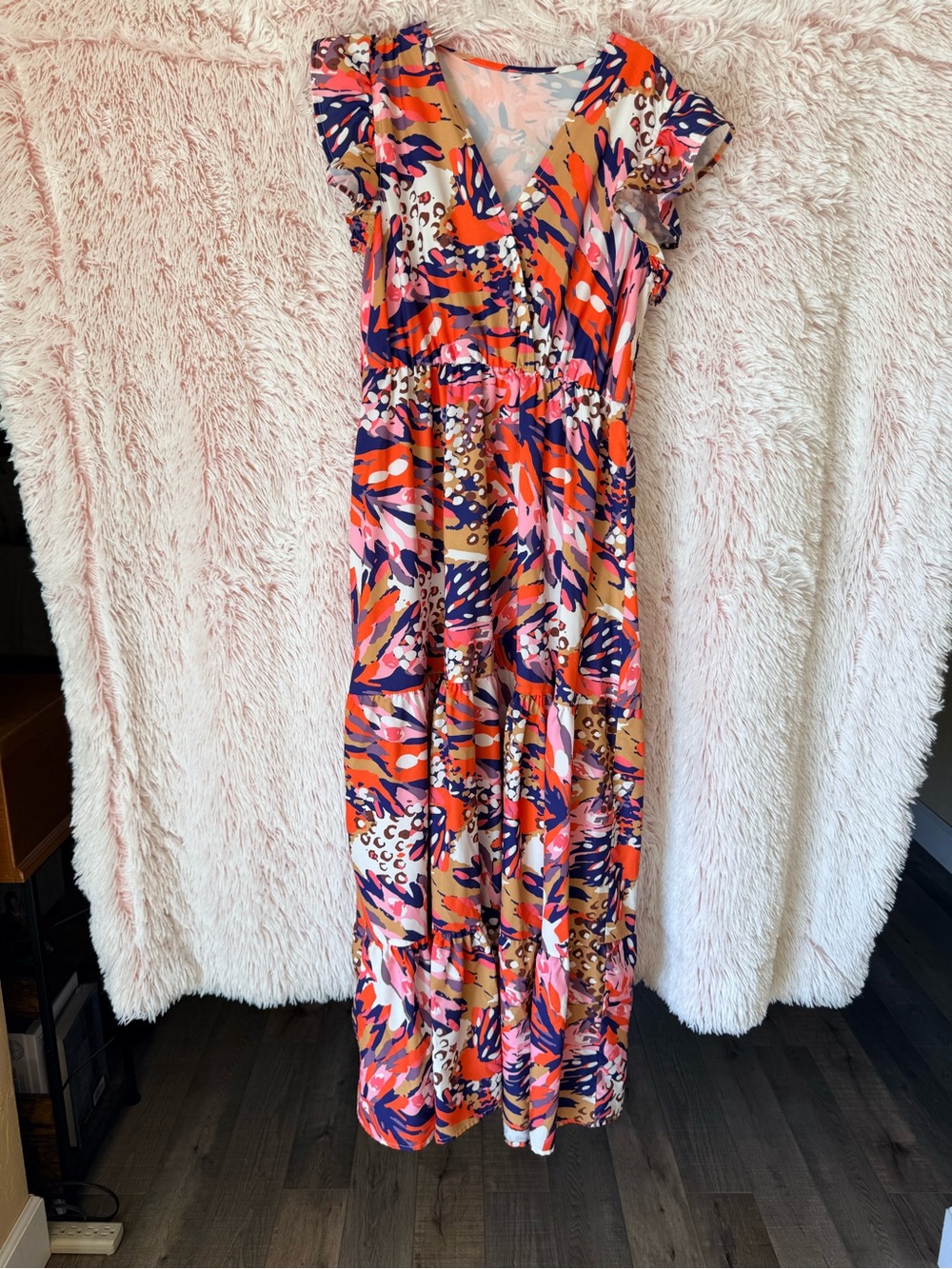 Abstract Floral V-Neck Maxi Dress in Orange and Pink